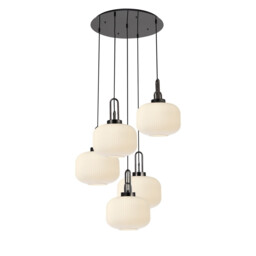 Yorktown 75cm 2.5m Round Pendant, 5 x E27, Black Chrome/Matt Black With 30cm Pumpkin Shaped Ribbed Opal Glass - thumbnail 1