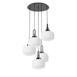 Yorktown 75cm 2.5m Round Pendant, 5 x E27, Black Chrome/Matt Black With 30cm Pumpkin Shaped Ribbed Opal Glass - thumbnail 5