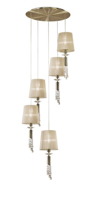 Tiffany Ceiling Cluster Pendant 5+5 Light E27+G9 Spiral, Antique Brass with Soft Bronze Shades & Clear Crystal - image 1