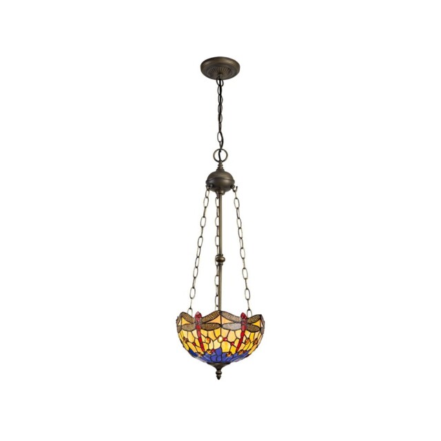 Worcester 3 Light Uplighter Ceiling Pendant E27 With 30cm Tiffany Shade, Blue, Orange, Crystal, Aged Antique Brass - image 1