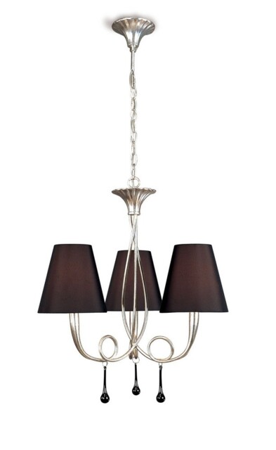 Paola Ceiling Pendant 3 Light E14, Silver Painted with Black Shades & Black Glass Droplets - image 1