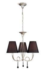 Paola Ceiling Pendant 3 Light E14, Silver Painted with Black Shades & Black Glass Droplets