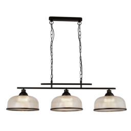 Highworth 3 Light Bar Pendant Black, Holophane Style Glass - thumbnail 1