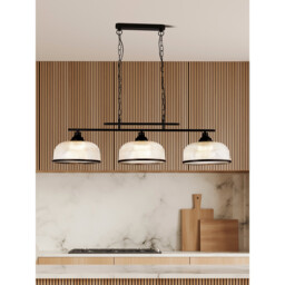 Highworth 3 Light Bar Pendant Black, Holophane Style Glass - thumbnail 2