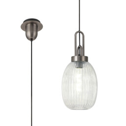 Yorktown Ceiling Pendant E27 20cm Almond Ribbed Glass, Clear Antique Silver, Black