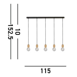 Spinny 5 Light Bar Ceiling Pendant- Wood & Black Metal - thumbnail 5