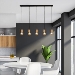 Spinny 5 Light Bar Ceiling Pendant- Wood & Black Metal - thumbnail 2