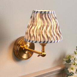 Step Wing Brushed Aged Brass Plate Wall Light with Pearl Grey Fabric Ripple Shade 16cm B22 - thumbnail 2