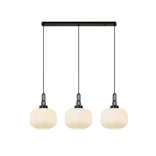 Yorktown Linear 3 Light Pendant E27, Black Chrome/Matt Black With 30cm Pumpkin Shaped Ribbed Opal Glass - image 1