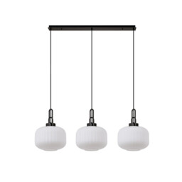 Yorktown Linear 3 Light Pendant E27, Black Chrome/Matt Black With 30cm Pumpkin Shaped Ribbed Opal Glass - thumbnail 5