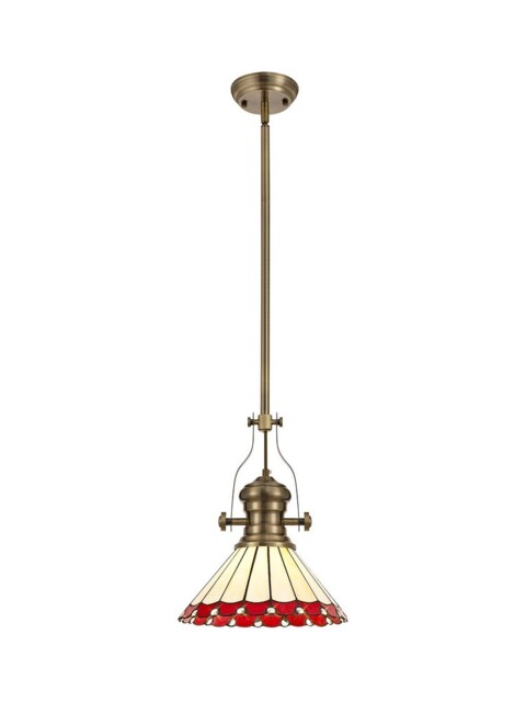Schroon 1 Light Telescopic Ceiling Pendant E27 With 30cm Tiffany Shade, Antique Brass, Red, Crystal