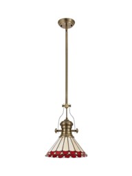Schroon 1 Light Telescopic Ceiling Pendant E27 With 30cm Tiffany Shade, Antique Brass, Red, Crystal - thumbnail 3
