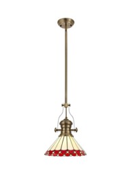 Schroon 1 Light Telescopic Ceiling Pendant E27 With 30cm Tiffany Shade, Antique Brass, Red, Crystal