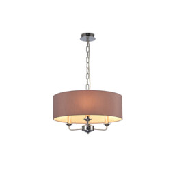 Banyan 3 Light Multi Arm Pendant, E14 Polished Chrome With 45cm x 15cm Dual Faux Silk Shade, Taupe/Halo Gold