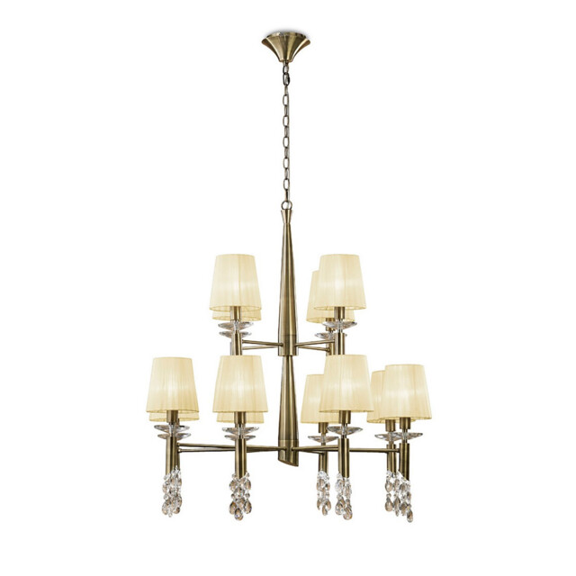 Tiffany Pendant 2 Tier 12+12 Light E14+G9, Antique Brass With Cream Shades & Clear Crystal - image 1