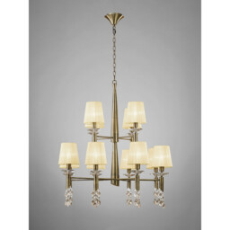Tiffany Pendant 2 Tier 12+12 Light E14+G9, Antique Brass With Cream Shades & Clear Crystal - thumbnail 2