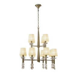 Tiffany Pendant 2 Tier 12+12 Light E14+G9, Antique Brass With Cream Shades & Clear Crystal - thumbnail 1