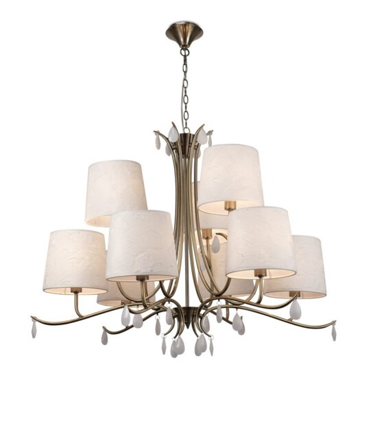 Andrea Ceiling Pendant 88cm Round, Antique Brass, White Shades, White Crystal Droplets - image 1