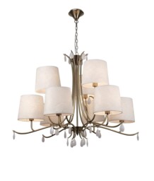 Andrea Ceiling Pendant 88cm Round, Antique Brass, White Shades, White Crystal Droplets - thumbnail 1