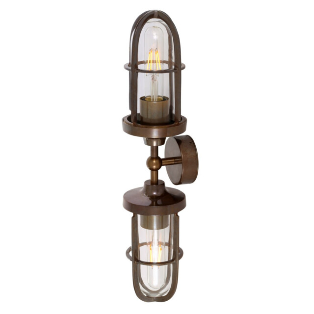 Clayton Outdoor Double Wall Light, Antique Brass, Clear Glass, IP54 - image 1