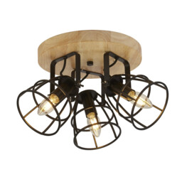 Vision 3 Light Cage Round Ceiling Light, Matt Black & Wood