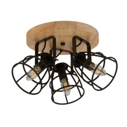 Vision 3 Light Cage Round Ceiling Light, Matt Black & Wood - thumbnail 3