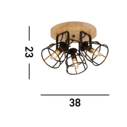 Vision 3 Light Cage Round Ceiling Light, Matt Black & Wood - thumbnail 5
