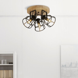 Vision 3 Light Cage Round Ceiling Light, Matt Black & Wood - thumbnail 2