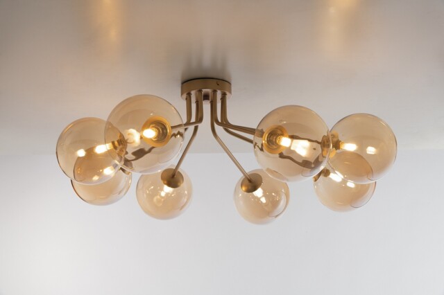 Honey Multi Arm Semi Flush Ceiling Globe Pendant, Brass Satin With Champagne Diffusers, G9