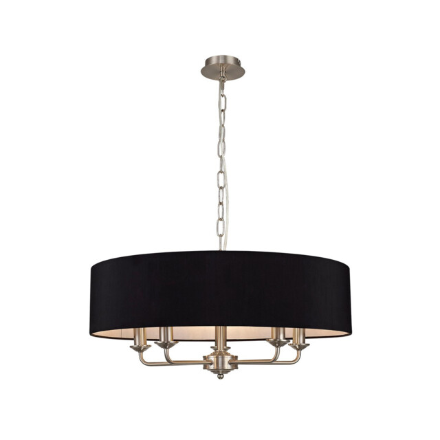 Banyan 5 Light Multi Arm Pendant, E14 Satin Nickel With 60cm x 15cm Faux Silk Shade, black - image 1