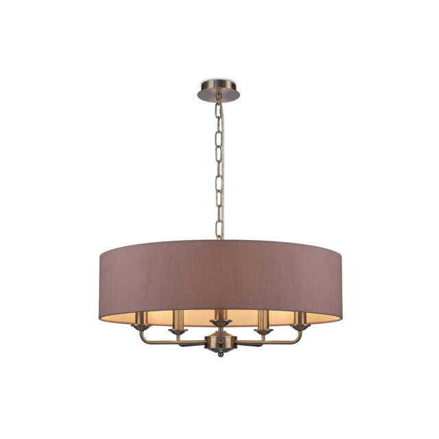 Banyan 5 Light Multi Arm Pendant, E14 Satin Nickel With 60cm x 15cm Dual Faux Silk Shade, Taupe/Halo Gold - image 1