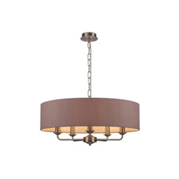 Banyan 5 Light Multi Arm Pendant, E14 Satin Nickel With 60cm x 15cm Dual Faux Silk Shade, Taupe/Halo Gold