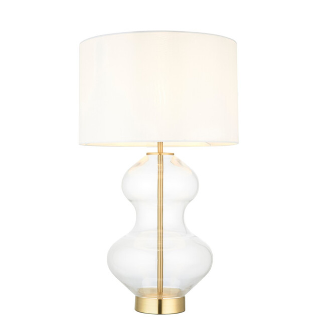 Kelda Shaped Table Lamp with Round Shade Satin Brass Plate, Clear Glass With Vintage White Fabric, 1x E27 - image 1