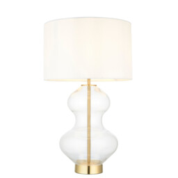 Kelda Shaped Table Lamp with Round Shade Satin Brass Plate, Clear Glass With Vintage White Fabric, 1x E27 - thumbnail 1