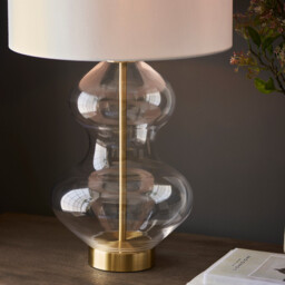 Kelda Shaped Table Lamp with Round Shade Satin Brass Plate, Clear Glass With Vintage White Fabric, 1x E27 - thumbnail 5