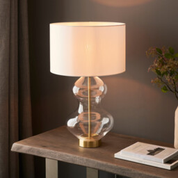 Kelda Shaped Table Lamp with Round Shade Satin Brass Plate, Clear Glass With Vintage White Fabric, 1x E27 - thumbnail 2