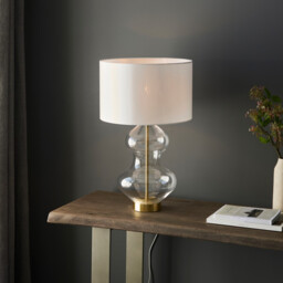 Kelda Shaped Table Lamp with Round Shade Satin Brass Plate, Clear Glass With Vintage White Fabric, 1x E27 - thumbnail 3