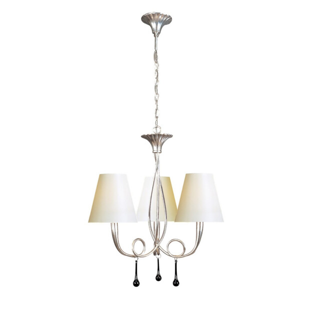 Paola Pendant 3 Light E14, Silver Painted With Cream Shades & Black Glass Droplets - image 1