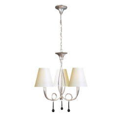 Paola Pendant 3 Light E14, Silver Painted With Cream Shades & Black Glass Droplets