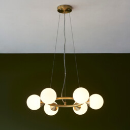 Grosseto Globe Pendant Ceiling Light Satin Brass Plate, Gloss White Glass - thumbnail 2