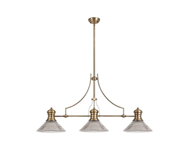 Cairo 3 Light Telescopic Ceiling Pendant E27 With 30cm Cone Glass Shade, Antique Brass, Clear - image 1