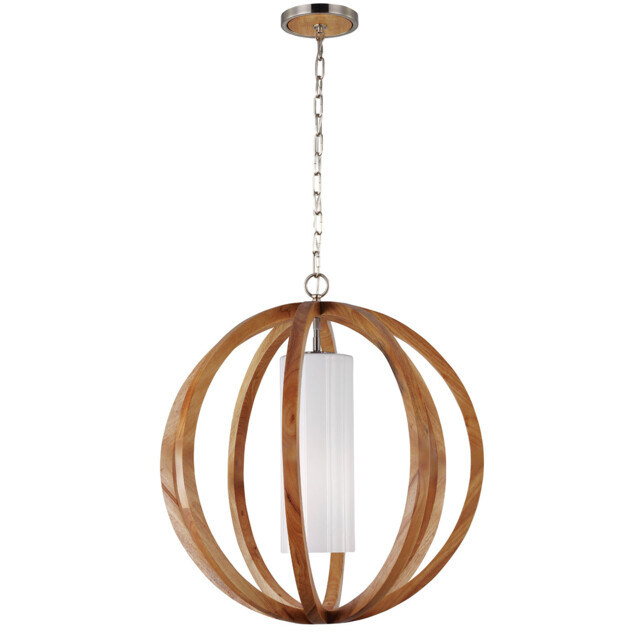 Allier 1 Light Large Spherical Cage Ceiling Pendant Brushed Steel, Light wood, E27 - image 1