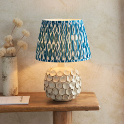 Borello Ivory Crackle Glaze Table Lamp with Marlin Blue Fabric Ikat Shade 35cm B22 - thumbnail 2