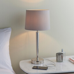 Syon 1 Light Table Lamp Bright Nickel, Mink Faux Silk, E14 - thumbnail 3