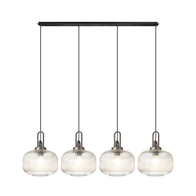 Yorktown Linear Pendant, 4 x E27, Aged Pewter/Matt Black With 30cm Pumpkin Shaped Ribbed Clear Glass - image 1