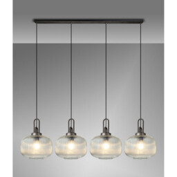 Yorktown Linear Pendant, 4 x E27, Aged Pewter/Matt Black With 30cm Pumpkin Shaped Ribbed Clear Glass - thumbnail 3
