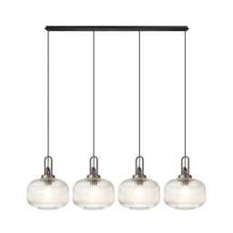 Yorktown Linear Pendant, 4 x E27, Aged Pewter/Matt Black With 30cm Pumpkin Shaped Ribbed Clear Glass - thumbnail 1