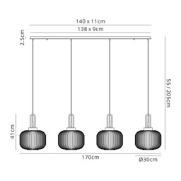 Yorktown Linear Pendant, 4 x E27, Aged Pewter/Matt Black With 30cm Pumpkin Shaped Ribbed Clear Glass - thumbnail 2