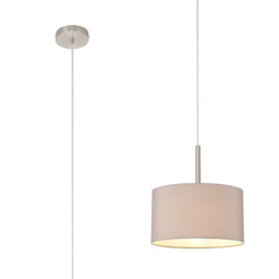 Baymont Satin Nickel E27 Single Pendant With 30cm x 17cm Faux Silk Shade, Grey/White Laminate
