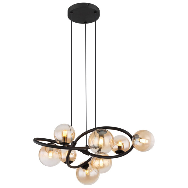 Tuberius Globe Pendant Ceiling Light Matt Black Amber Glass Shade 8x G9 3000K - image 1